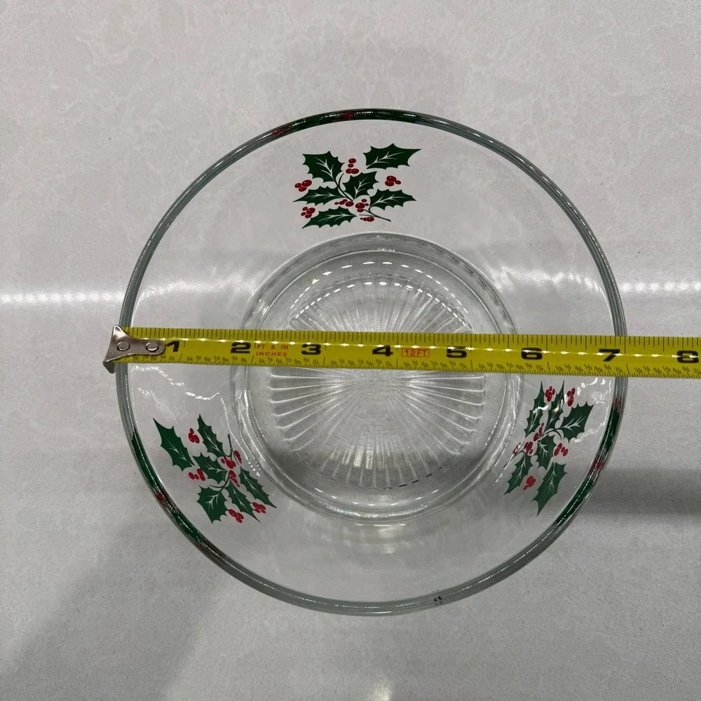 Vintage Indiana Glass 70's Christmas Holly & Berries Serving Bowl Ice Bucket 7